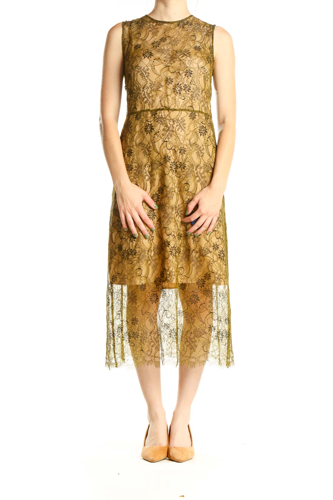 Green Brown Lace Dress With Slip