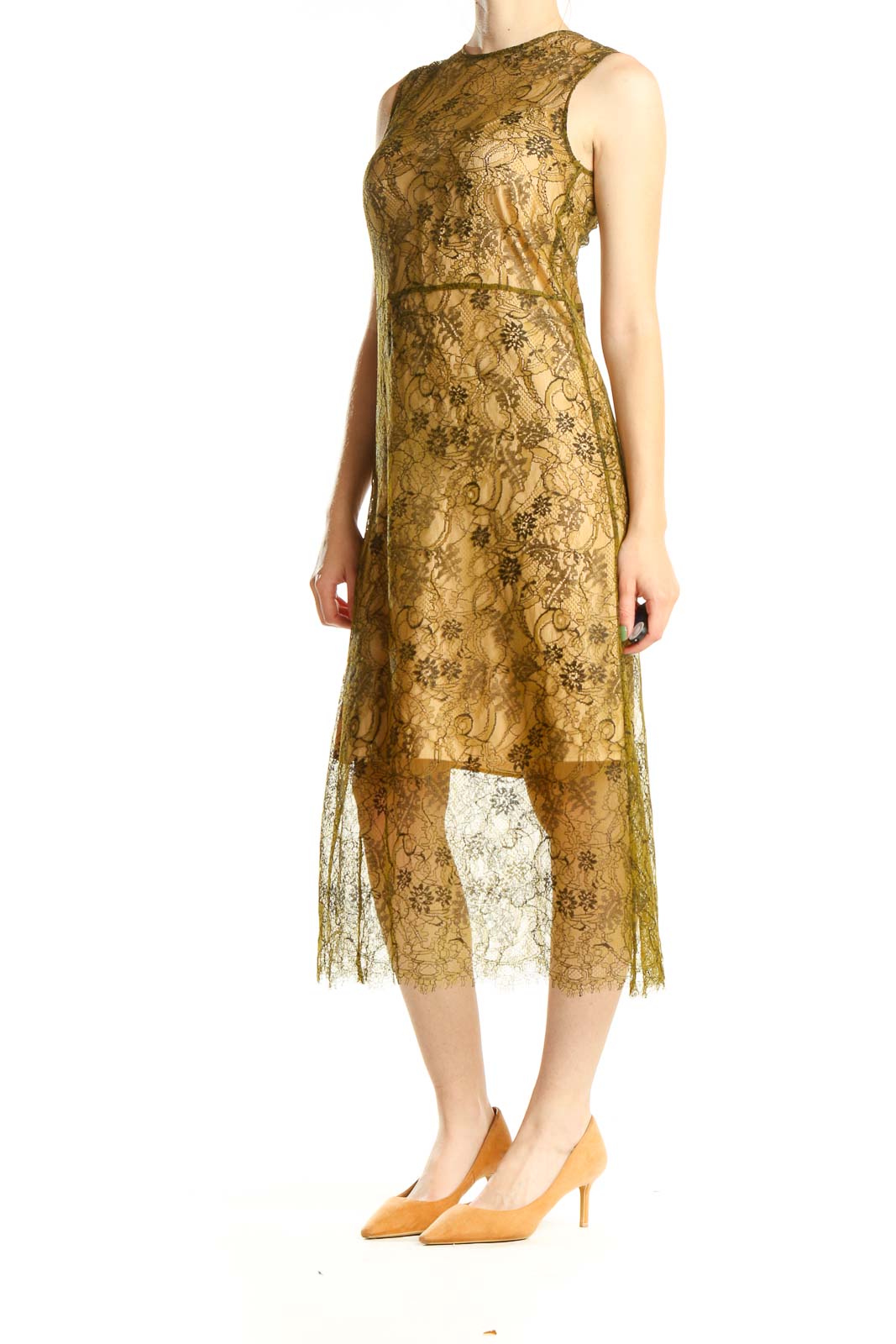 Green Brown Lace Dress With Slip