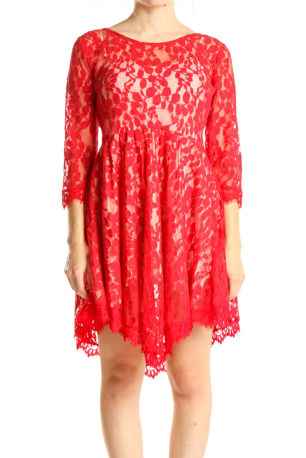 Front view of red lace floral babydoll mini dress