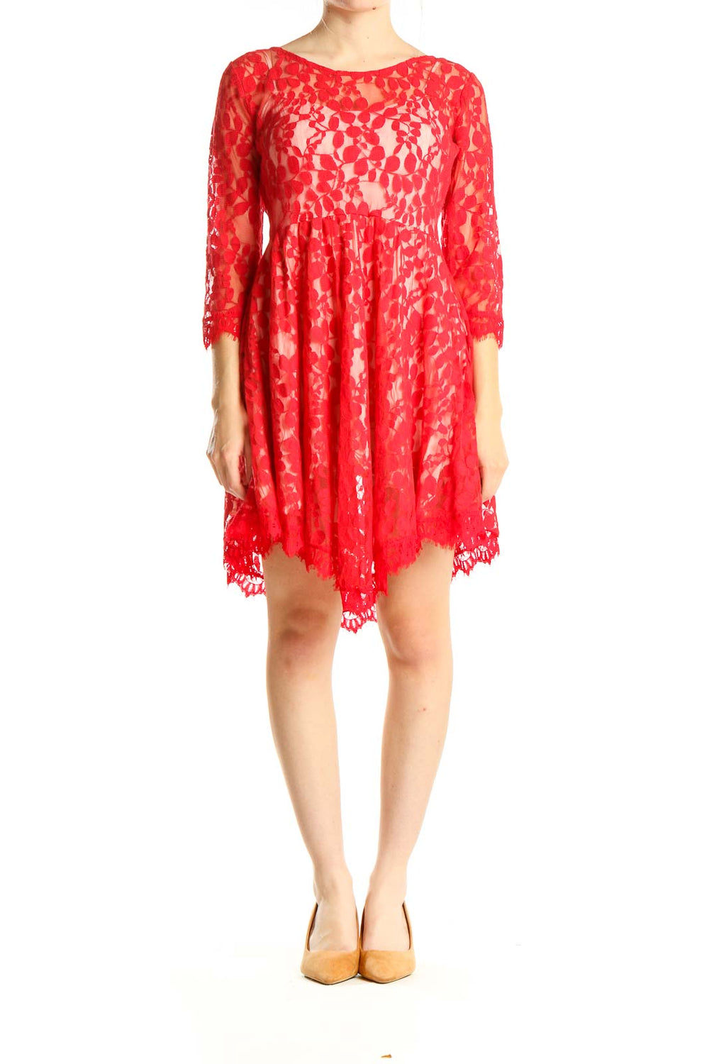 Front view of red lace floral babydoll mini dress