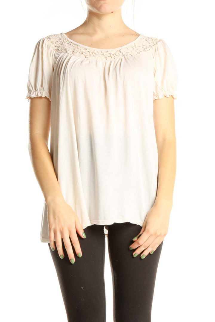 White Romantic Top With Lace Neckline