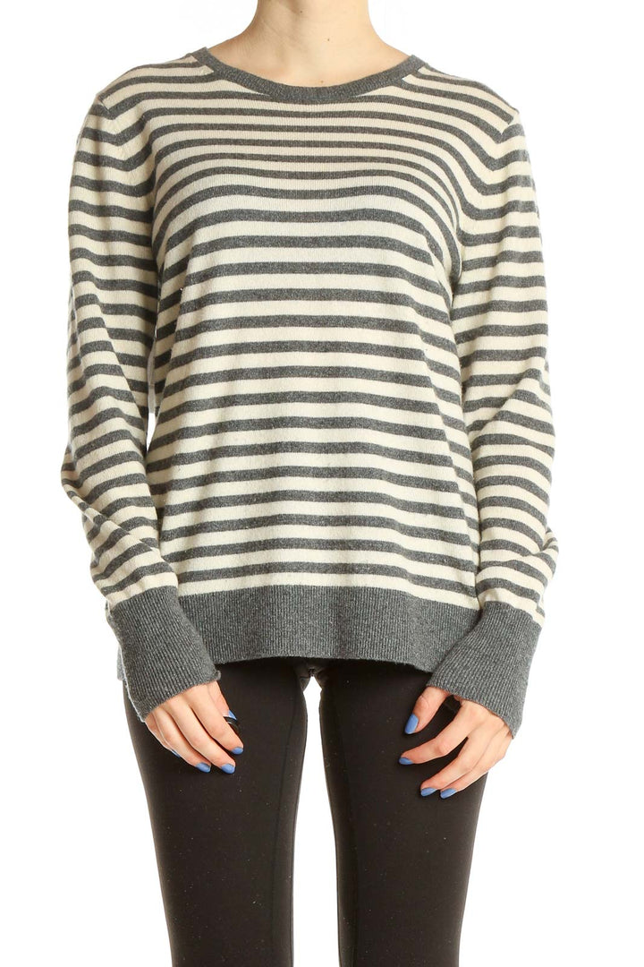 Gray Beige Striped Casual Sweater