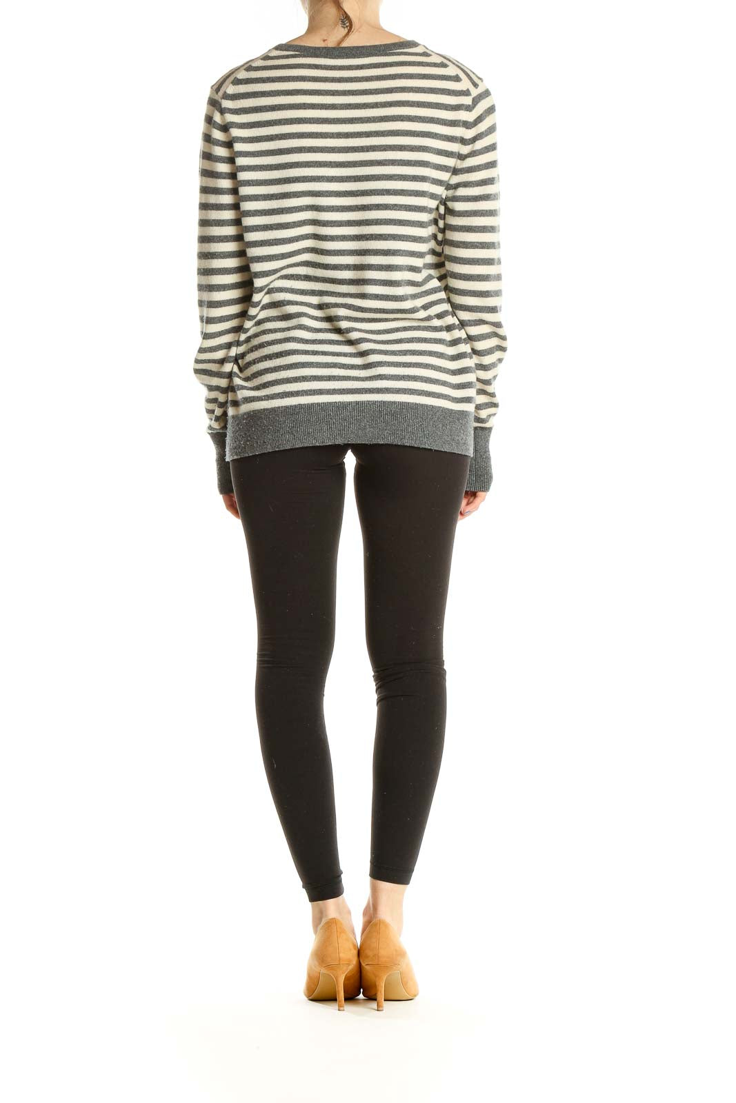 Gray Beige Striped Casual Sweater