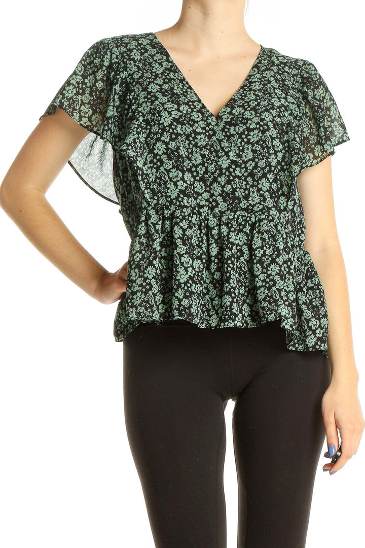 Green Black Floral Print Chic Blouse