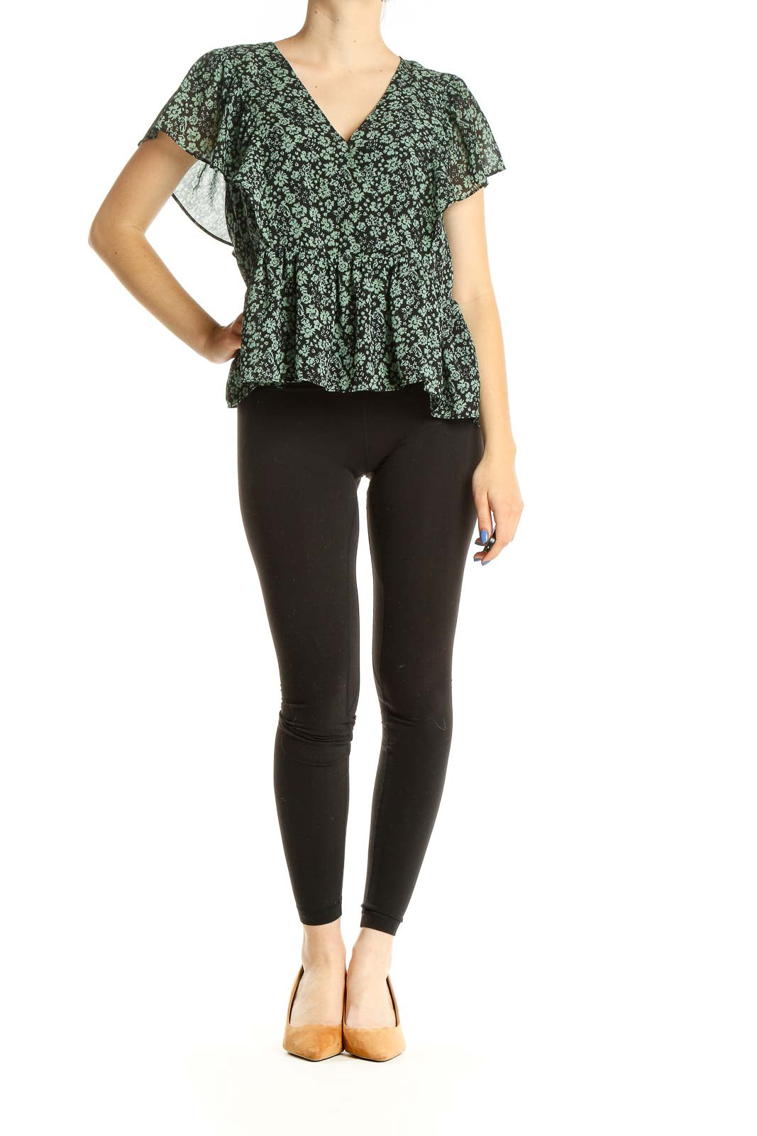 Green Black Floral Print Chic Blouse