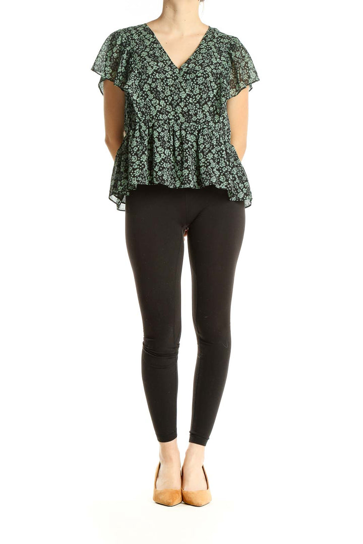 Green Black Floral Print Chic Blouse