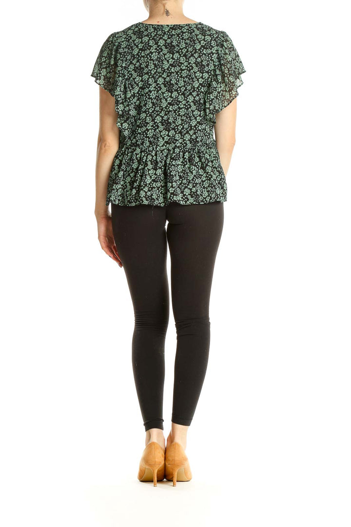 Green Black Floral Print Chic Blouse