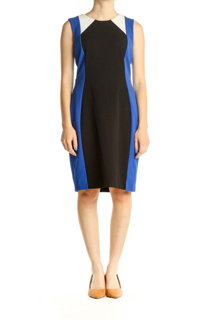 Blue Black White Colorblock Work Dress