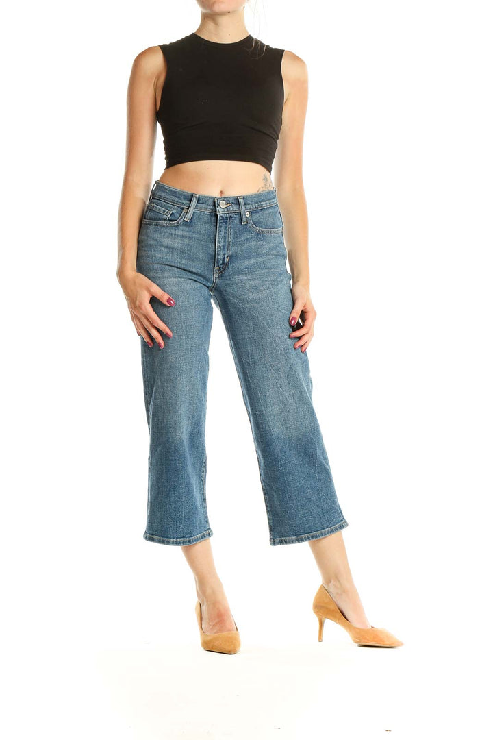 Blue Cropped Wide Leg Jeans