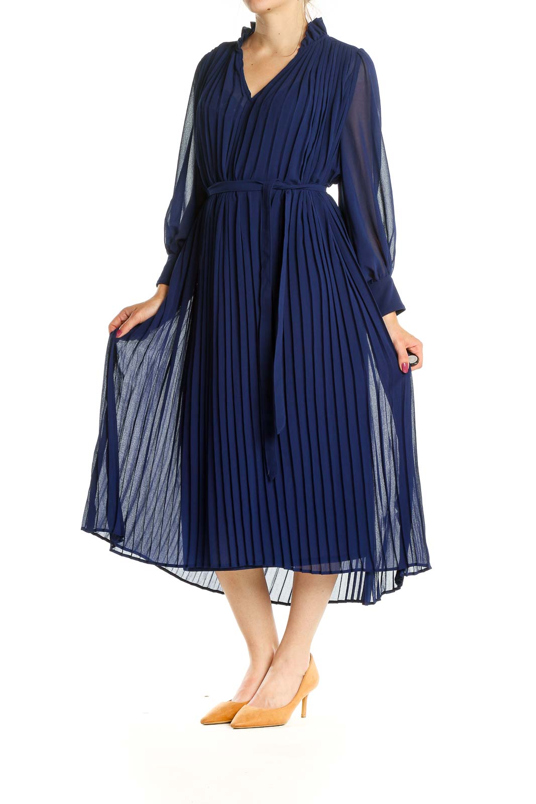 Blue Chic Pleated Fit & Flare Dress with Waist Tie