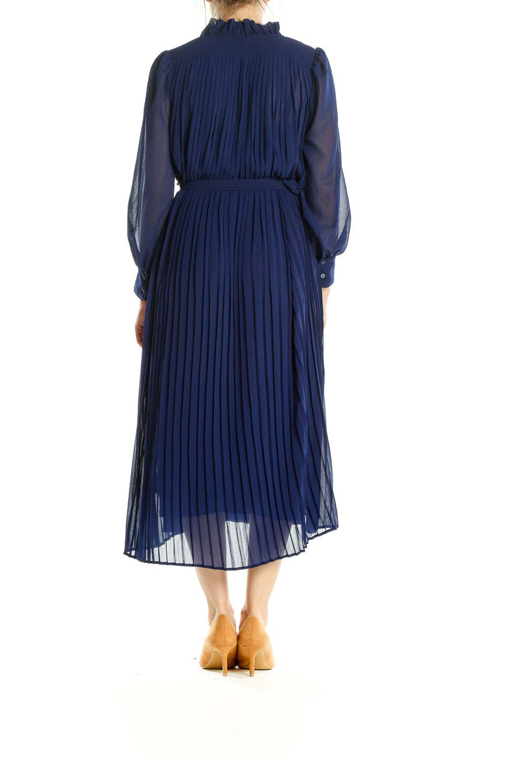 Blue Chic Pleated Fit & Flare Dress with Waist Tie