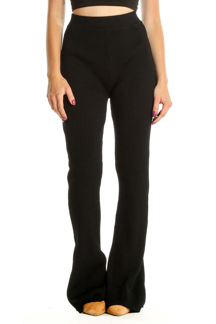 Black High Waisted Ribbed Classic Wide Leg Pants