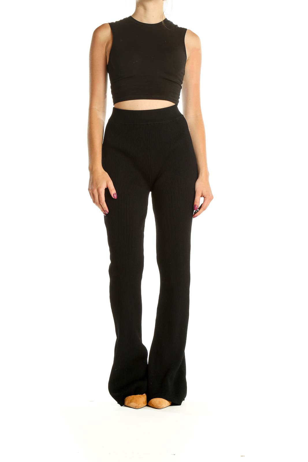 Black High Waisted Ribbed Classic Wide Leg Pants