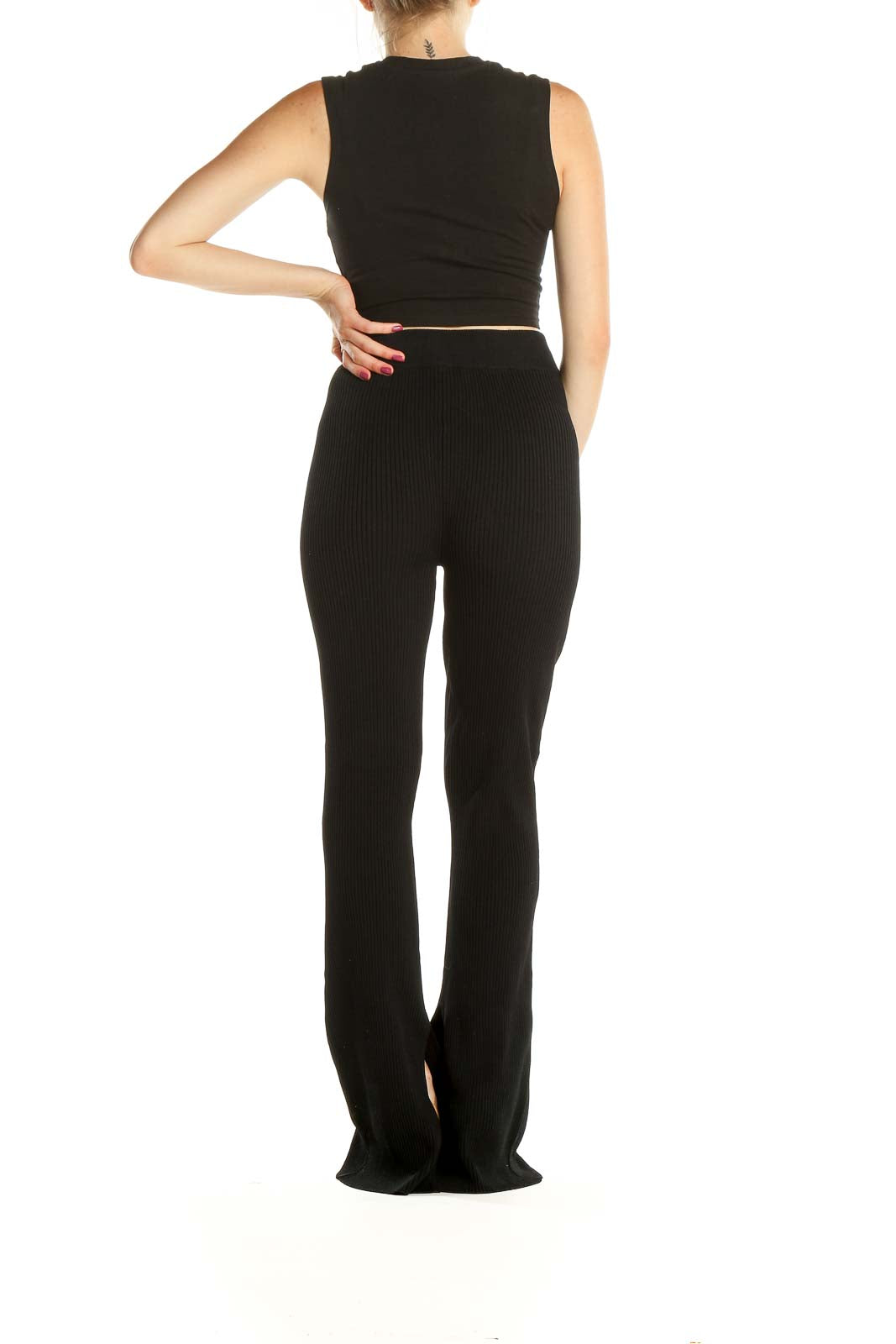 Black High Waisted Ribbed Classic Wide Leg Pants