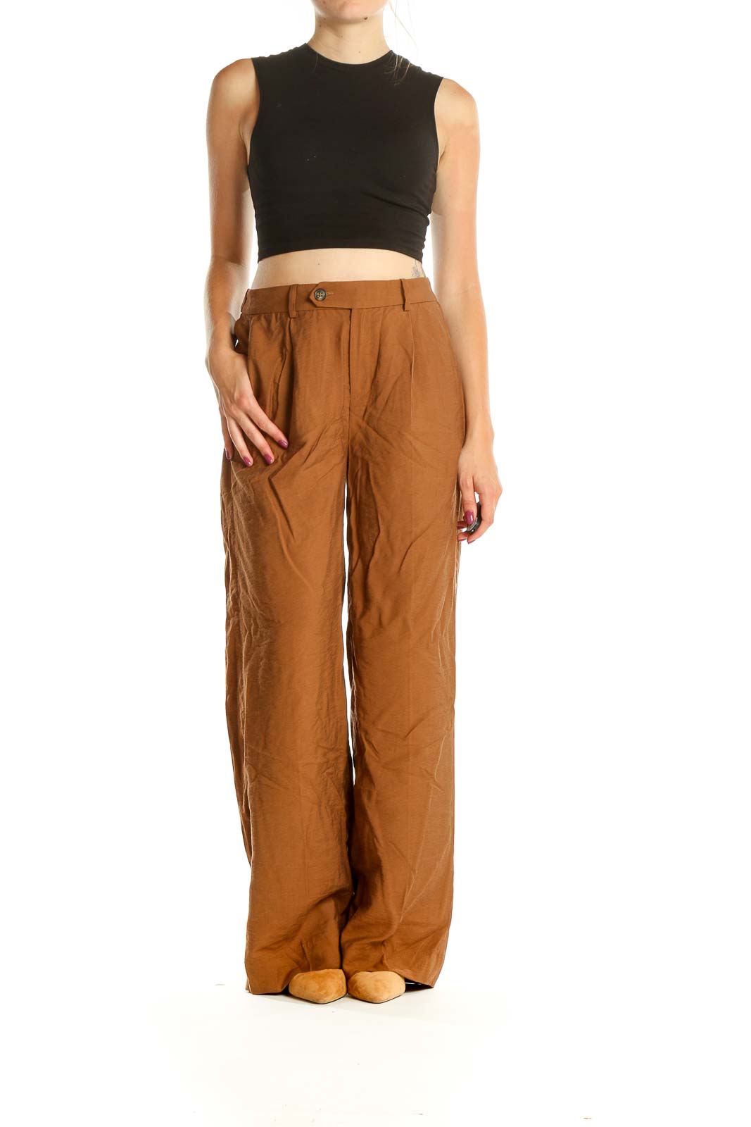 Brown Textured Casual Trousers