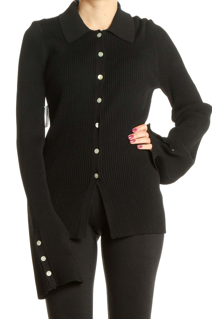 Black Ribbed Bell Sleeve Button Up Top with Collar