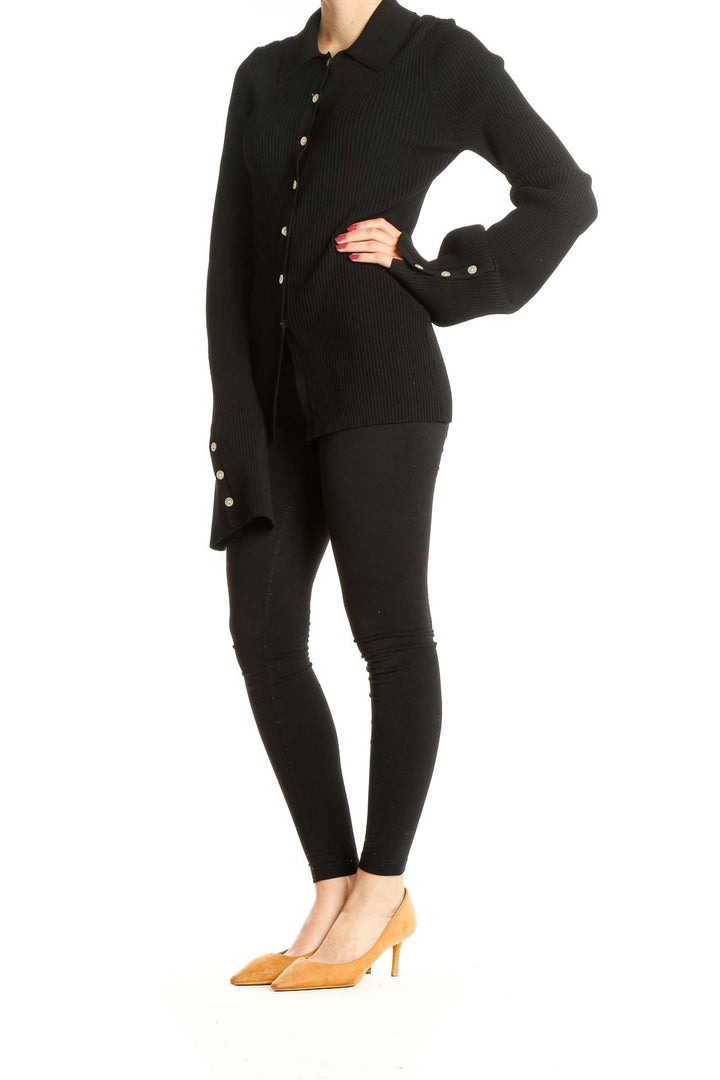 Black Ribbed Bell Sleeve Button Up Top with Collar