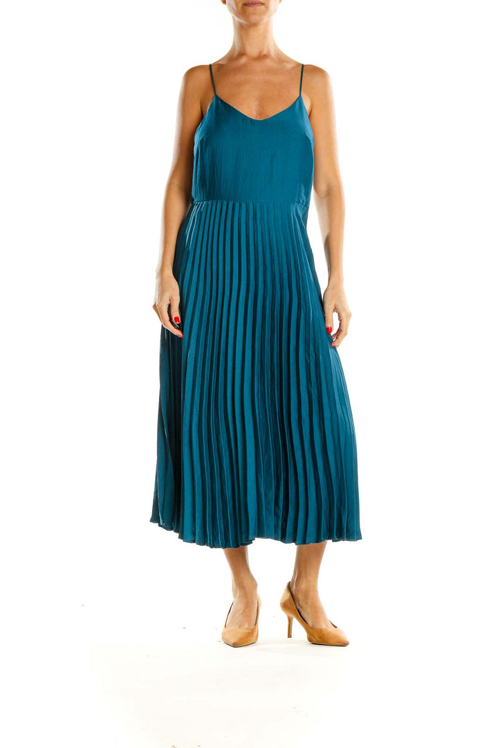 Blue Pleated Fit & Flare Dress