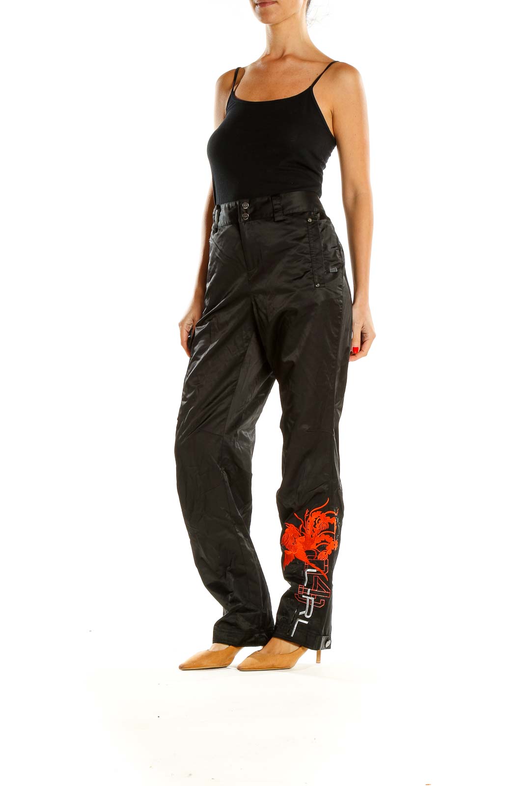 Black Textured Printed Retro Pants