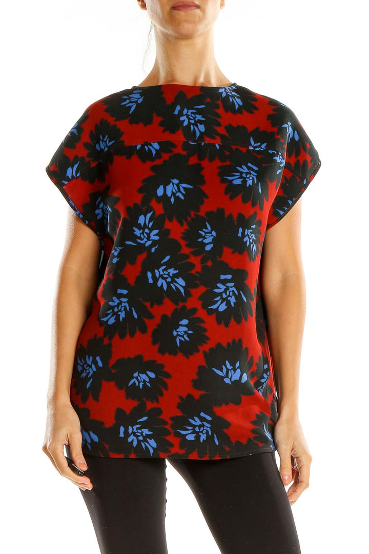 Red Blue Floral Print Chic Top