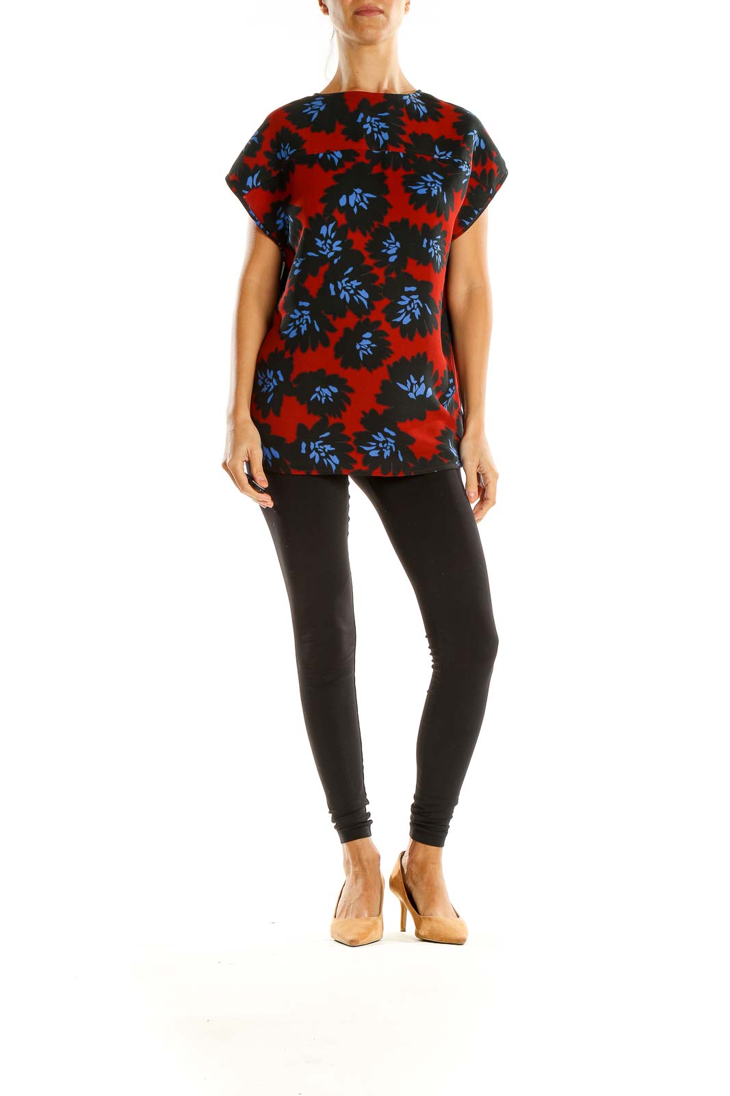 Red Blue Floral Print Chic Top