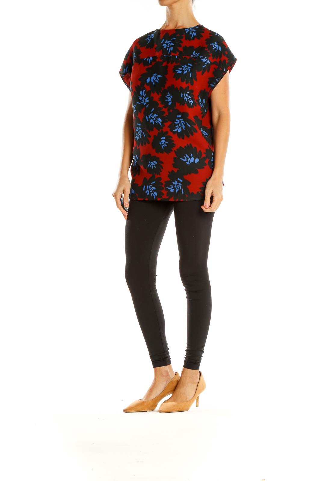 Red Blue Floral Print Chic Top