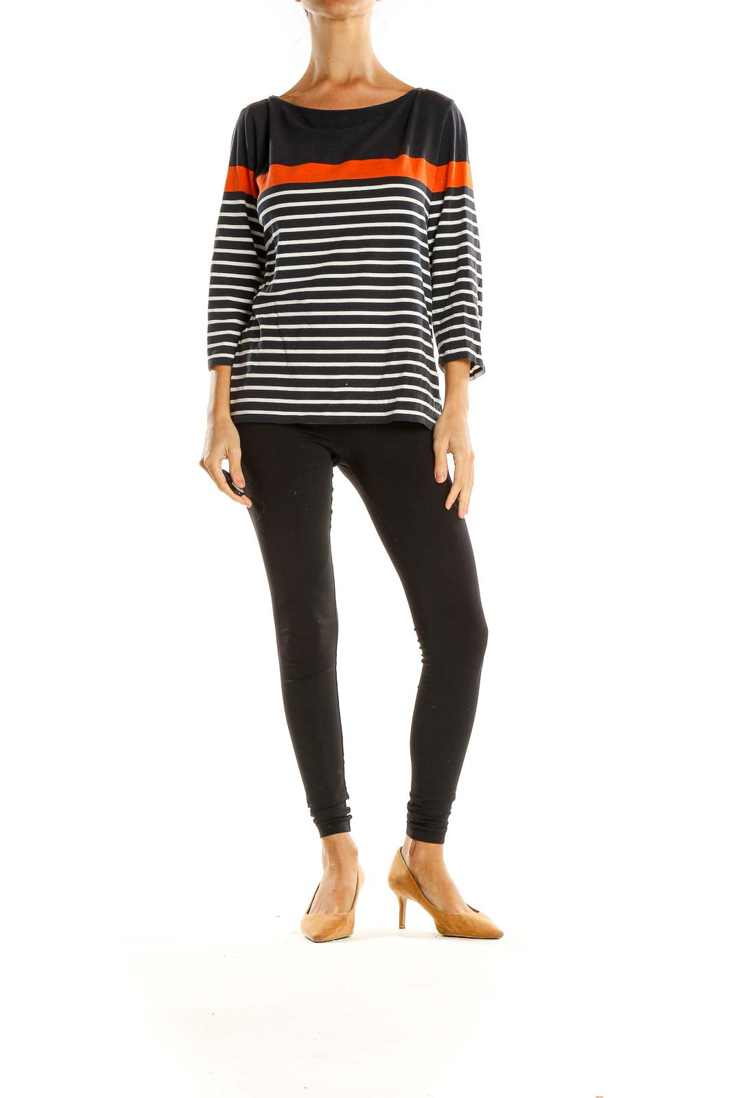 Black Orange White Striped Casual Top