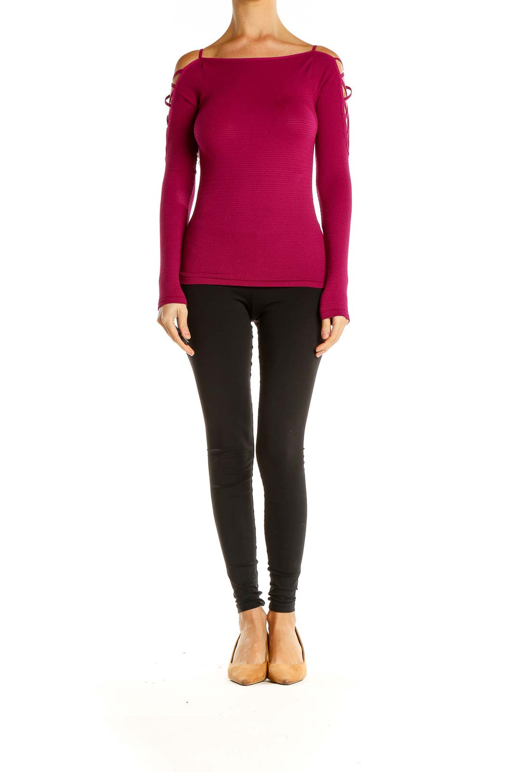 Front view of magenta Free People cold shoulder textured knit top