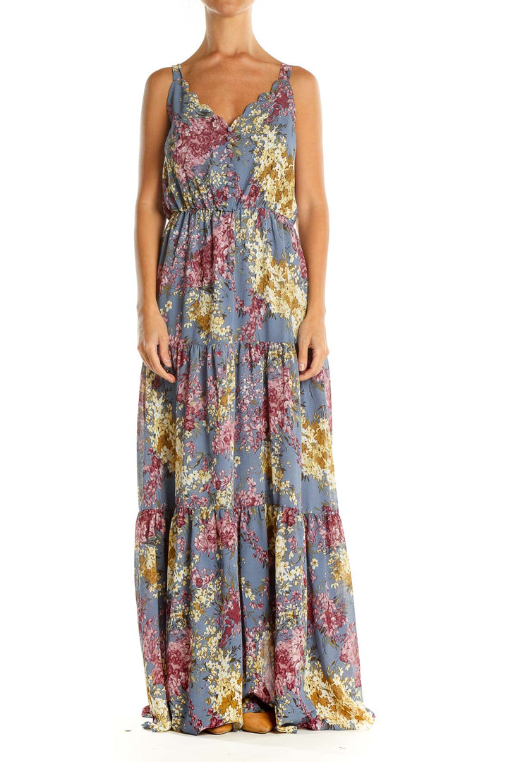 Blue Floral Print Bohemian Column Dress