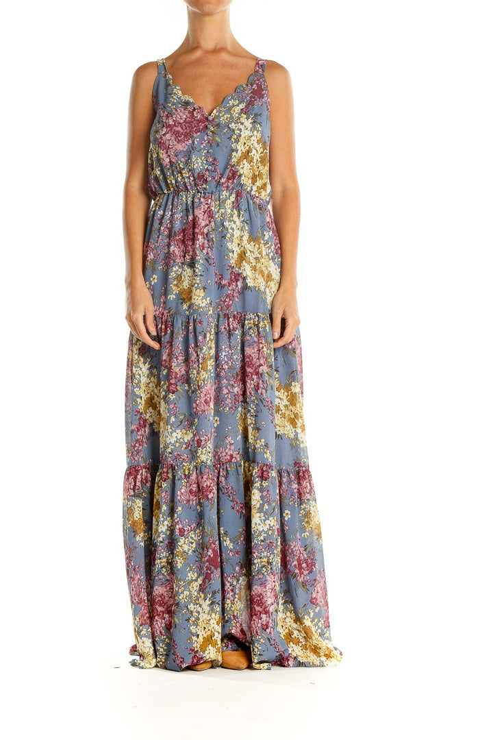 Blue Floral Print Bohemian Column Dress