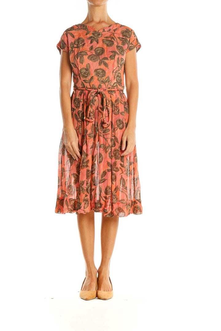 Salmon Floral Print Retro Fit & Flare Dress