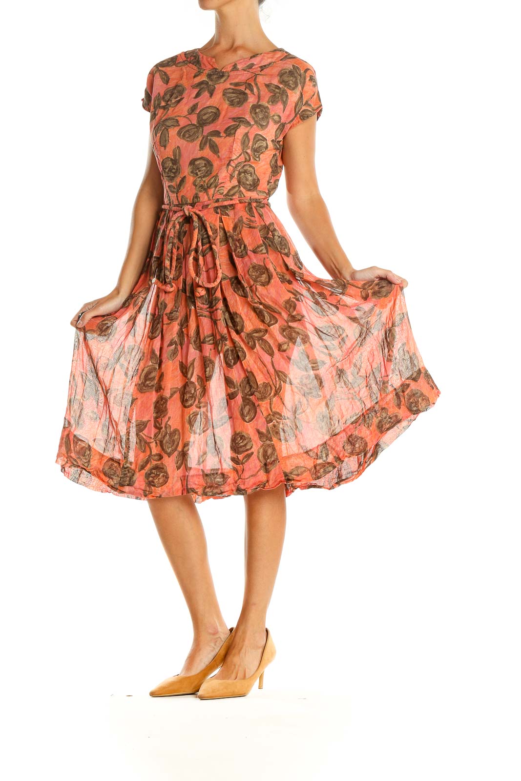 Salmon Floral Print Retro Fit & Flare Dress