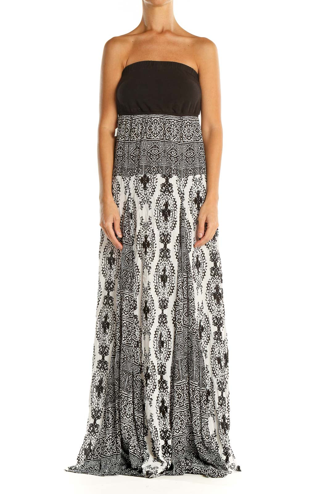 Front view of Free People black and white strapless maxi dress with geometric pattern