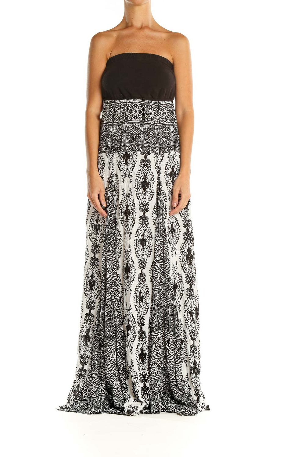 Front view of Free People black and white strapless maxi dress with geometric pattern