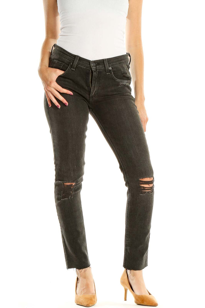 Black Distressed Straight Leg Jeans