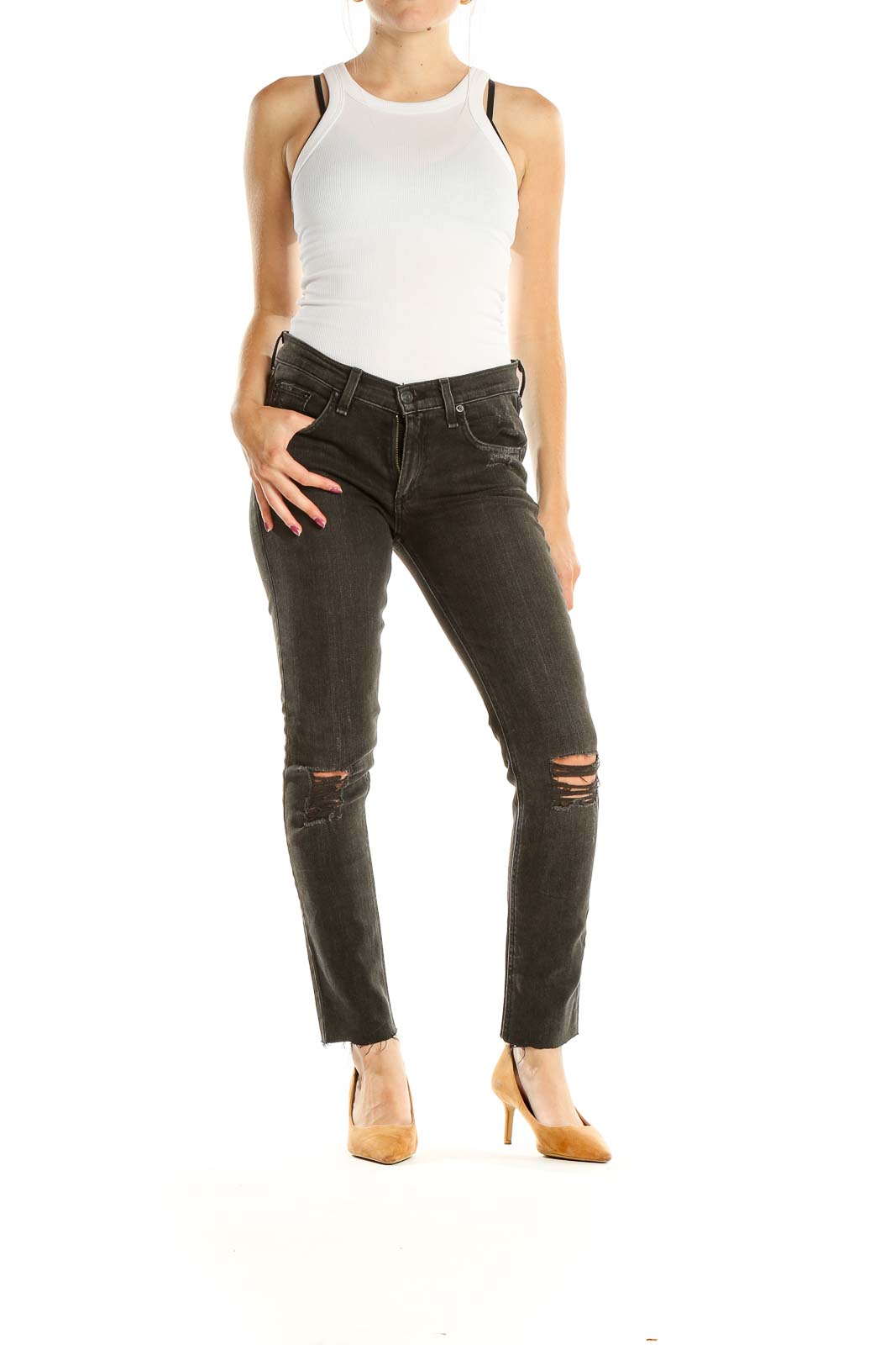 Black Distressed Straight Leg Jeans