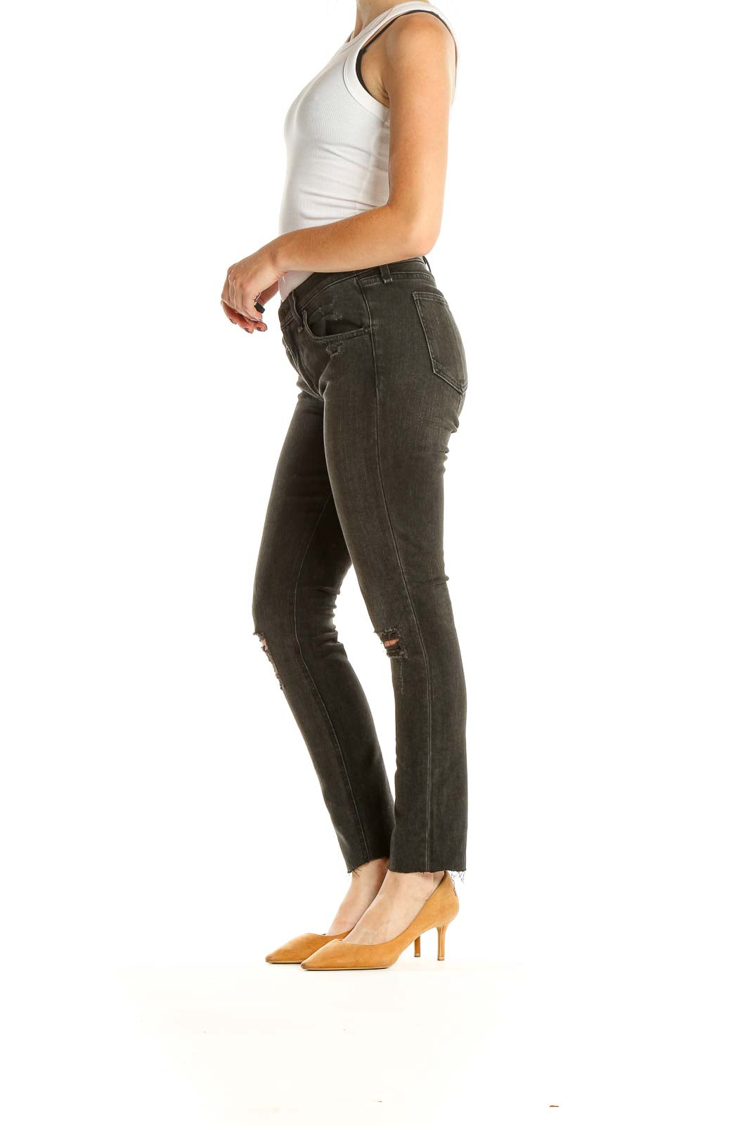 Black Distressed Straight Leg Jeans