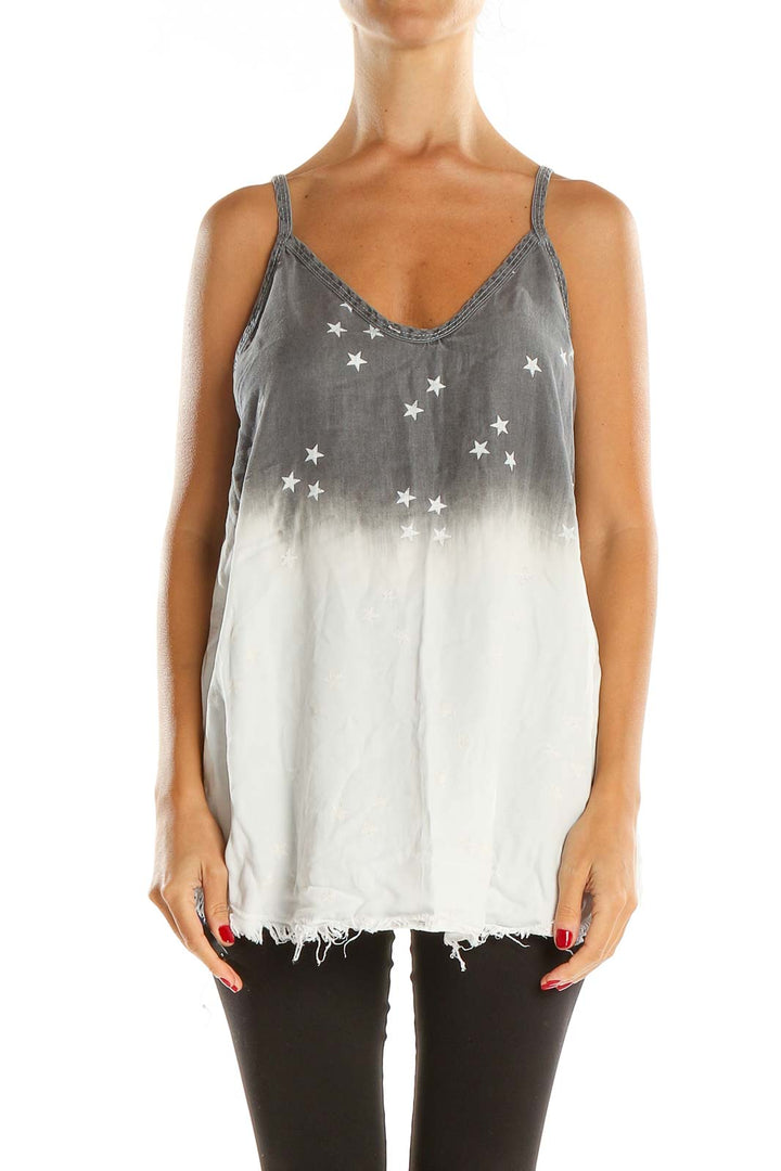 White Gray Star Print Tie And Dye Party Top