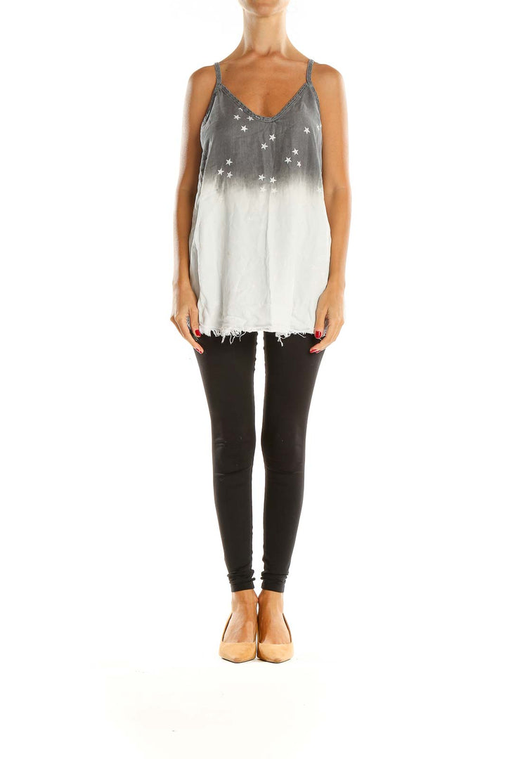 White Gray Star Print Tie And Dye Party Top