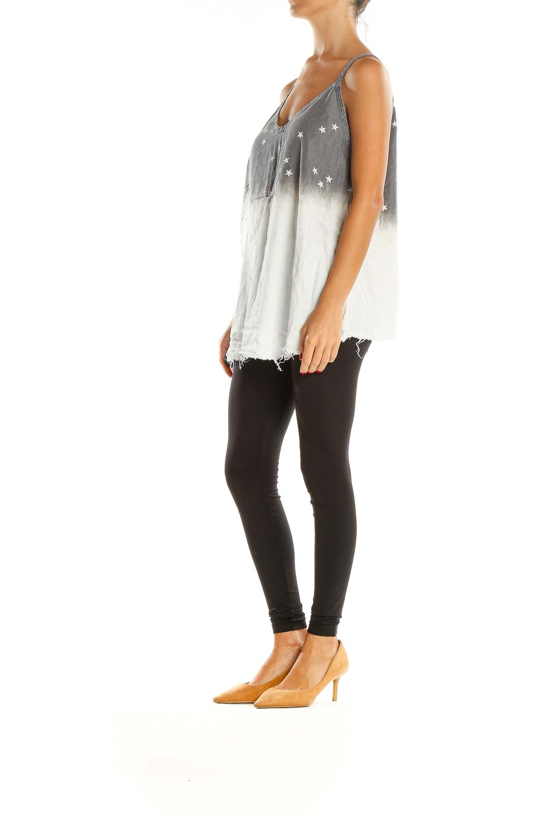 White Gray Star Print Tie And Dye Party Top