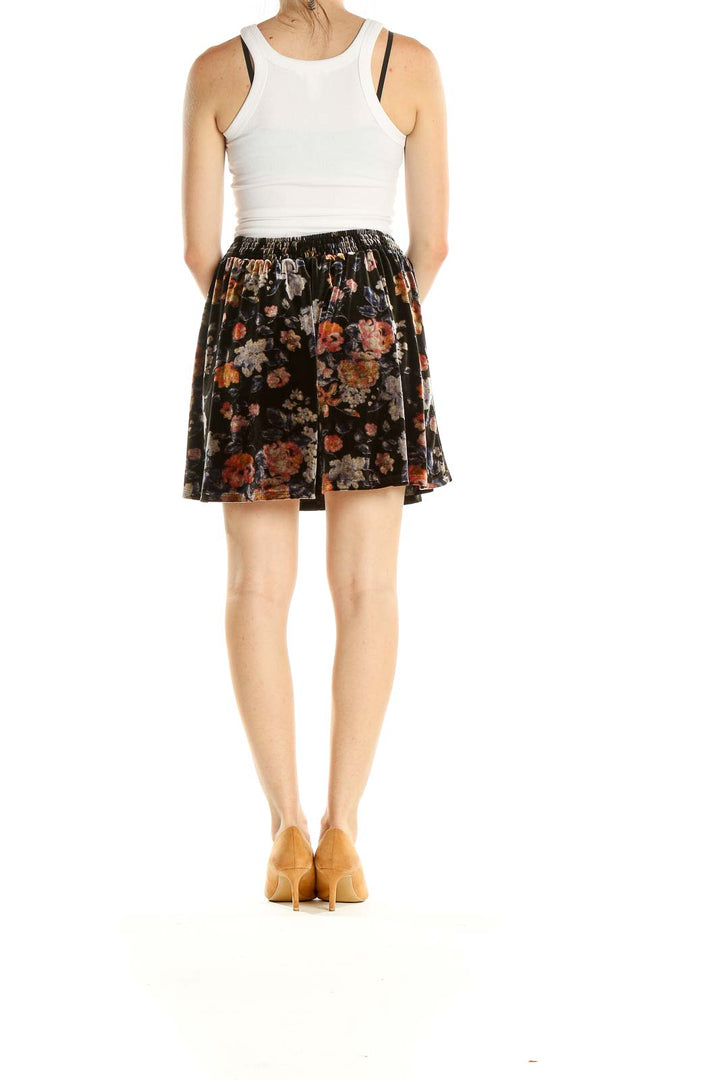 Black Floral Print Chic Flared Skirt