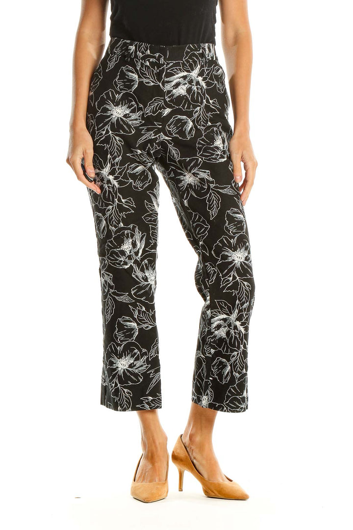 Black White Floral Print Retro Trousers