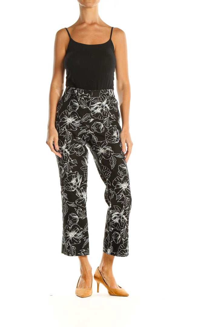 Black White Floral Print Retro Trousers