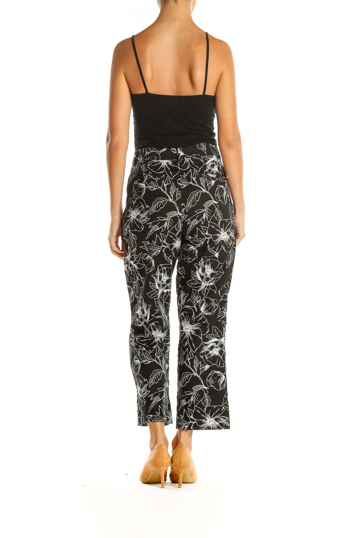 Black White Floral Print Retro Trousers