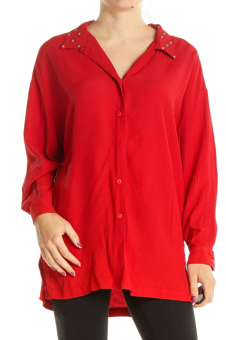 Red All Day Wear Blouse With Studded Collar