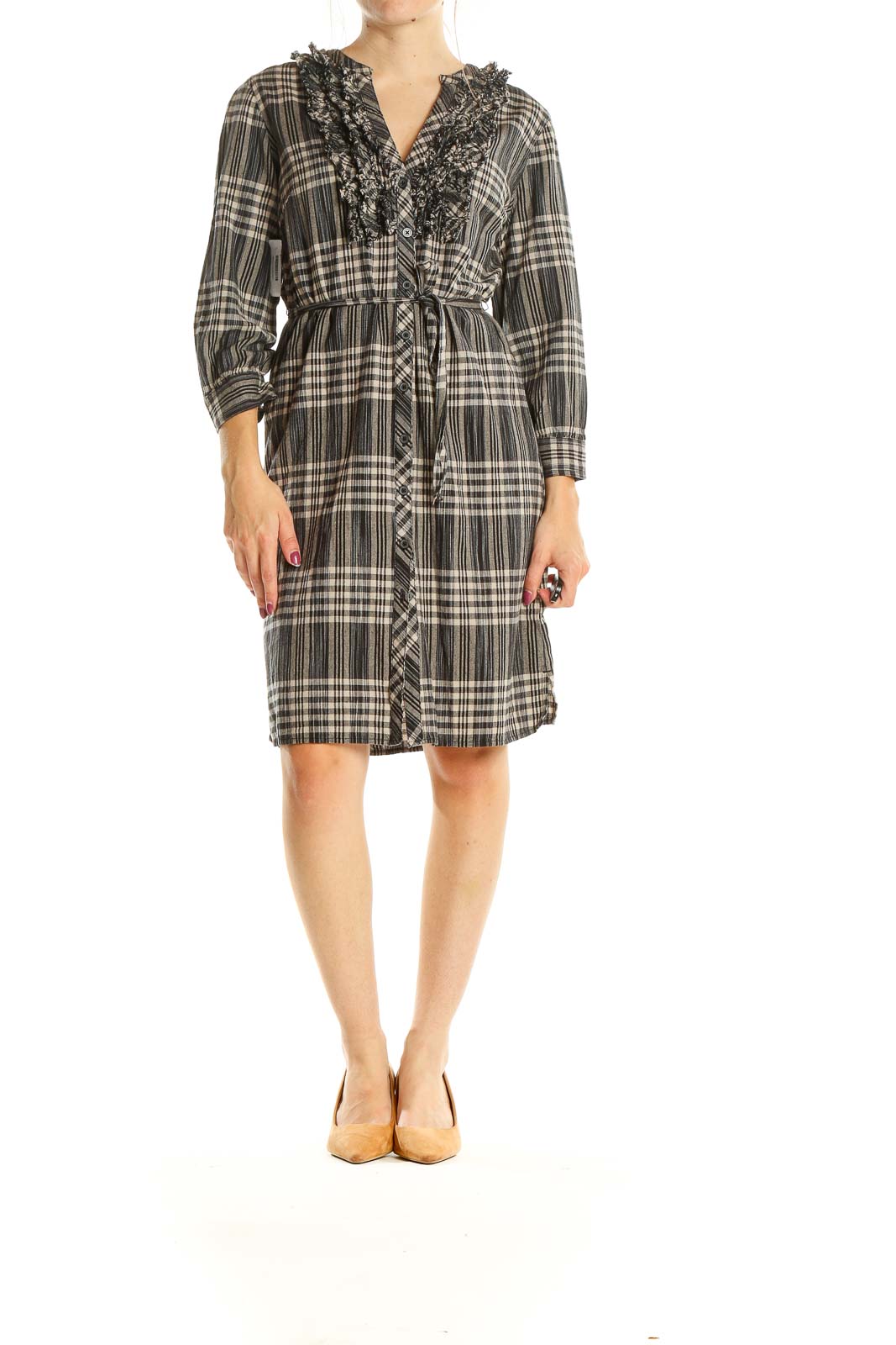 Brown Yellow Checkered Retro Sheath Dress