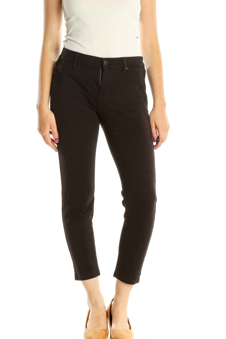 Black Solid Cropped Casual Pants