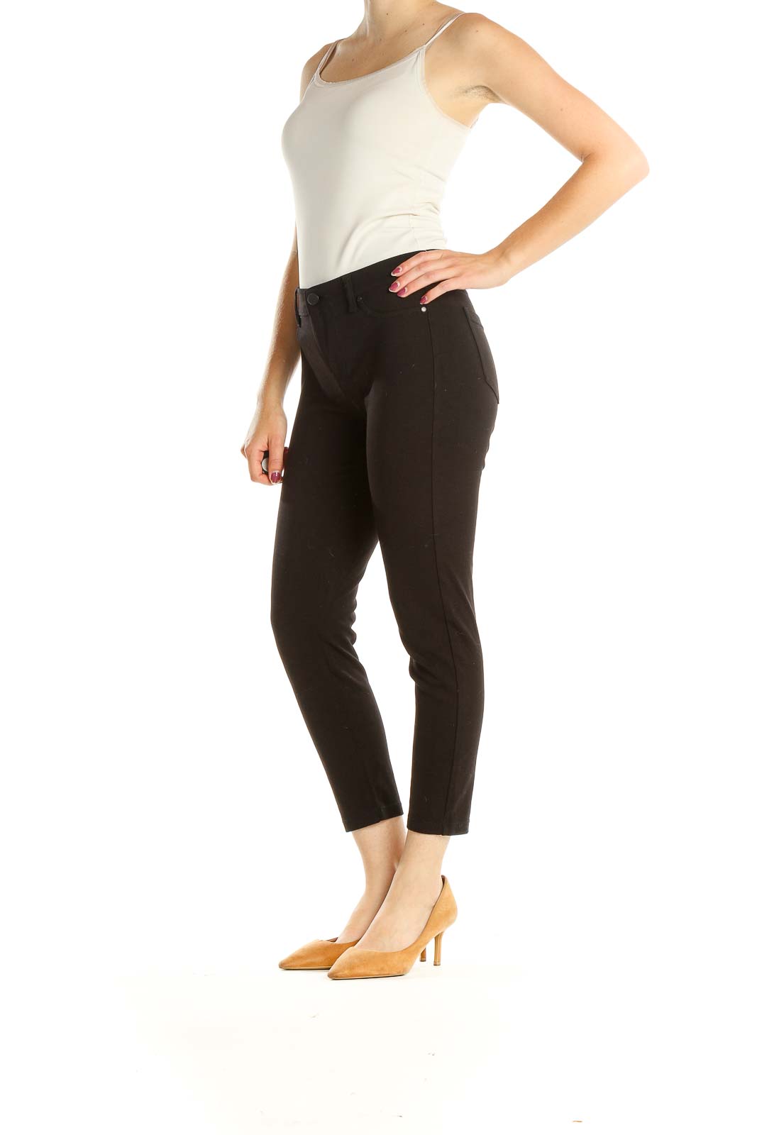 Black Solid Cropped Casual Pants