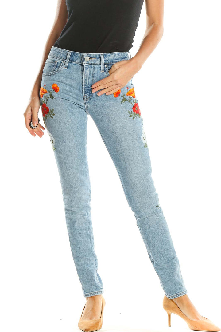 Blue Embroidered Skinny Jeans