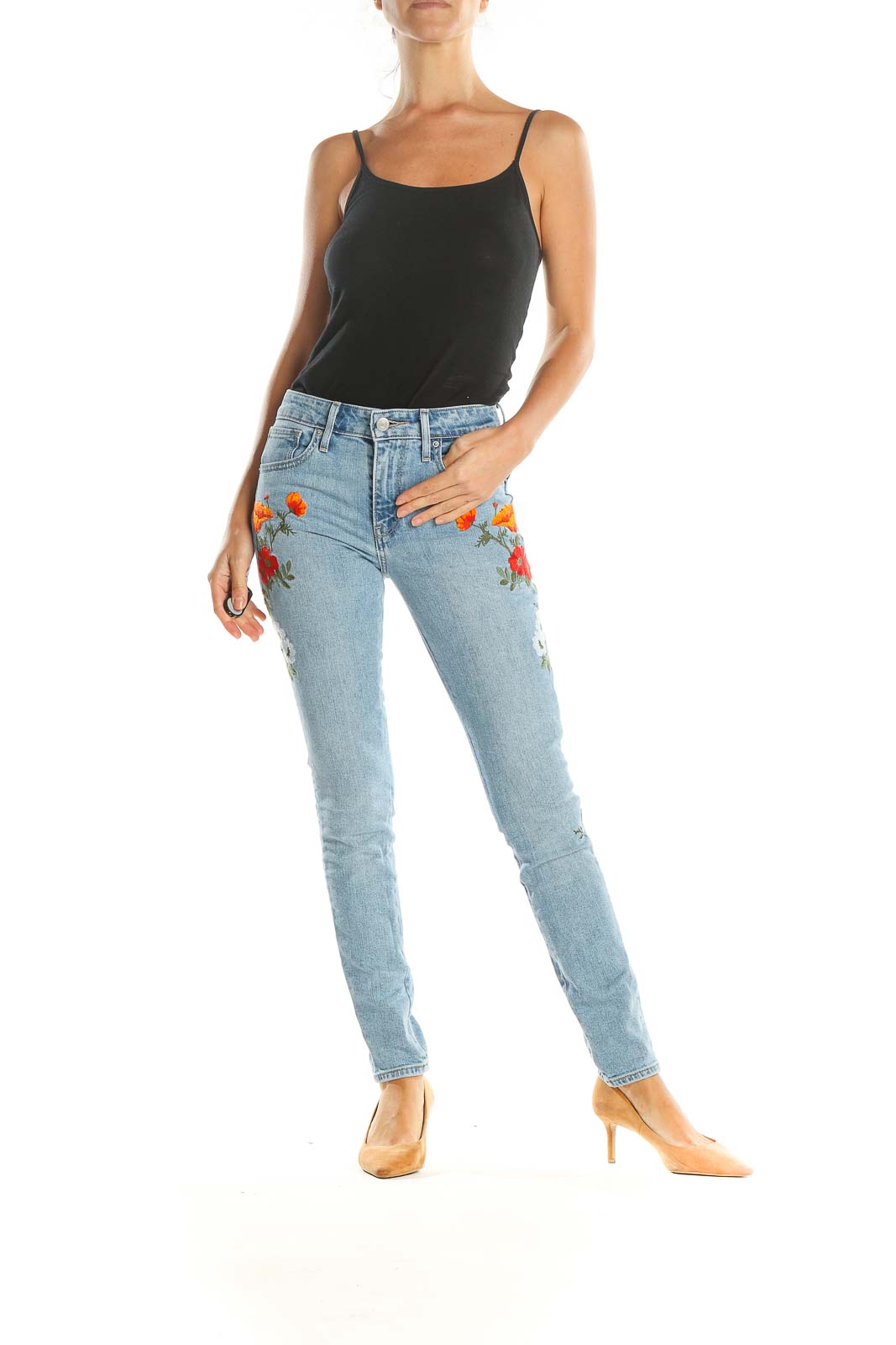 Blue Embroidered Skinny Jeans